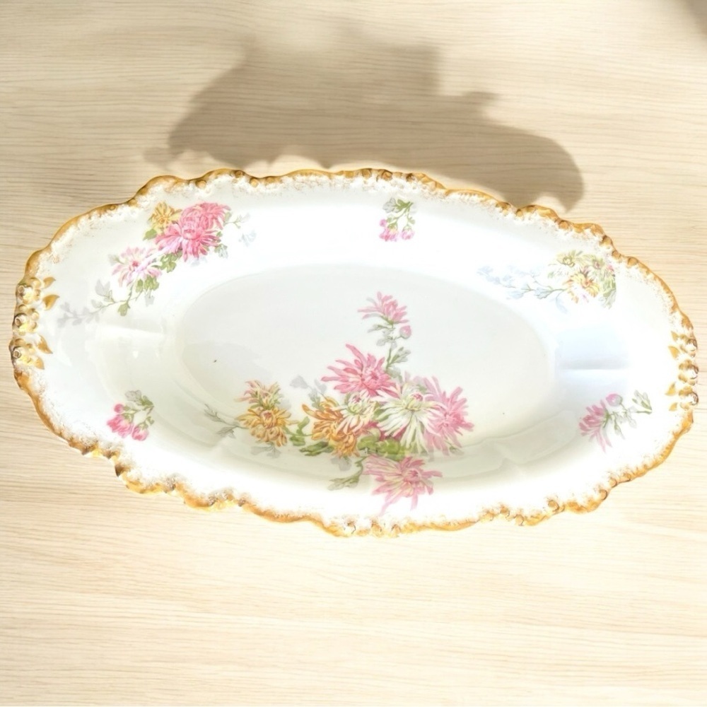 Limoges ice cream tray, chrysanthemums, gold scrollwork, no cracks,or chips, EUC